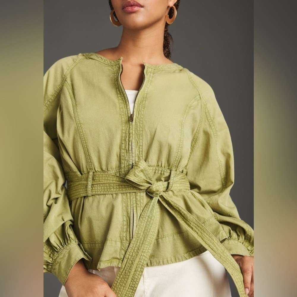 Anthropologie Green Belted Utility Jacket Size Large Tie Waist Cotton Zip Front